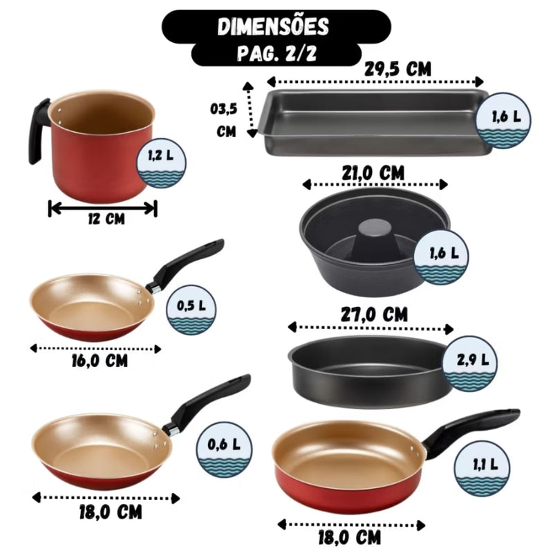 kit Jogo de panelas 18 peças Antiaderente Teflon Com Tampa de Vidro Conjunto